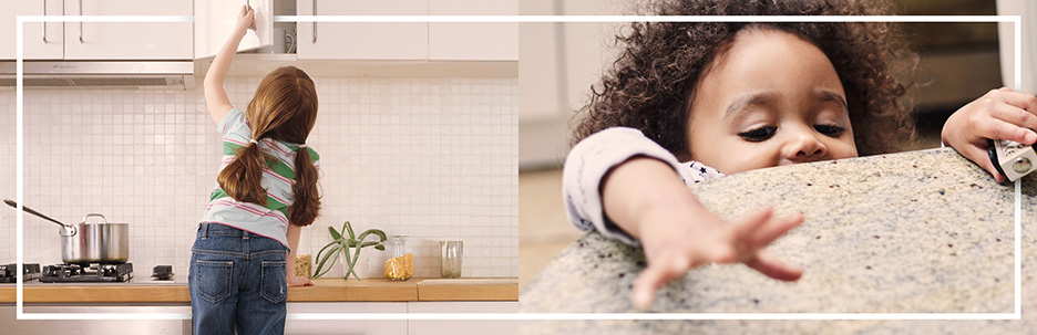 Photos of children exploring cabinets and reaching across tables